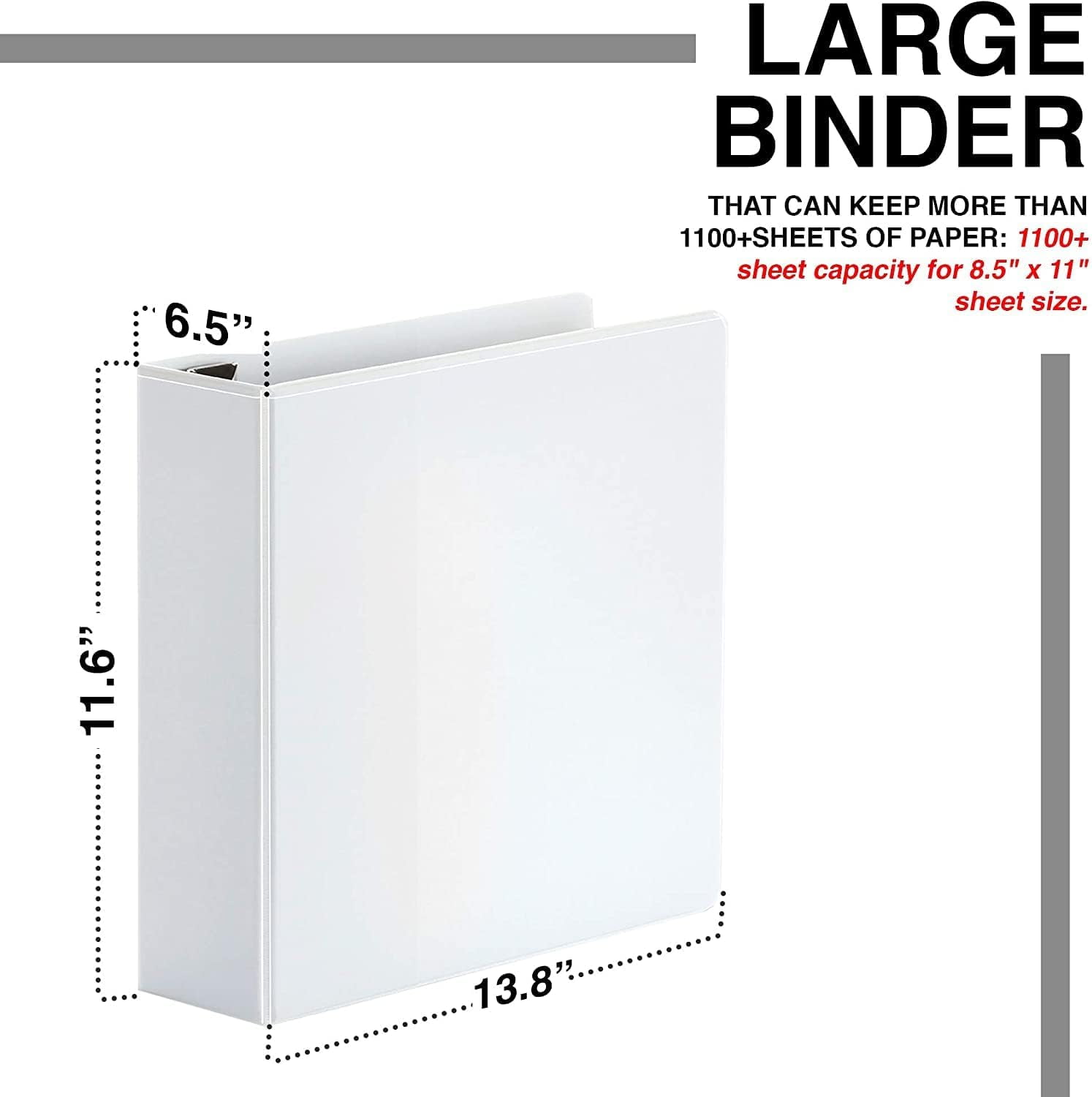 6-in White, 4-Pack, Heavy Duty Slant D-Rings,1100+ Sheet Capacity, Binder Locking, 3 Ring Binder, Clear View, Pockets (6.5 Inch Spine)