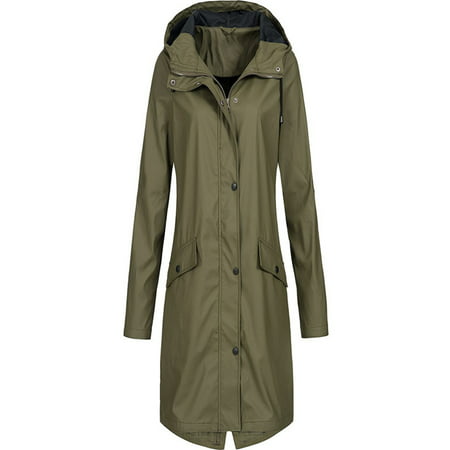 Women's Solid Rain Jacket Outdoor Hoodie Waterproof Long Coat Overcoat (Best Light Rain Jacket)