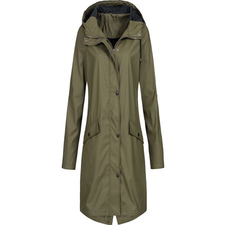 - Women's Solid Rain Jacket Outdoor Hoodie Waterproof Long Coat Overcoat Windproof