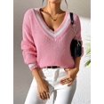 thumbnail image 3 of Women Teen Baggy Fashion Striped Long Sleeve Knit Tops Fall Winter Vneck Pullover Preppy Clothes Pink L, 3 of 8