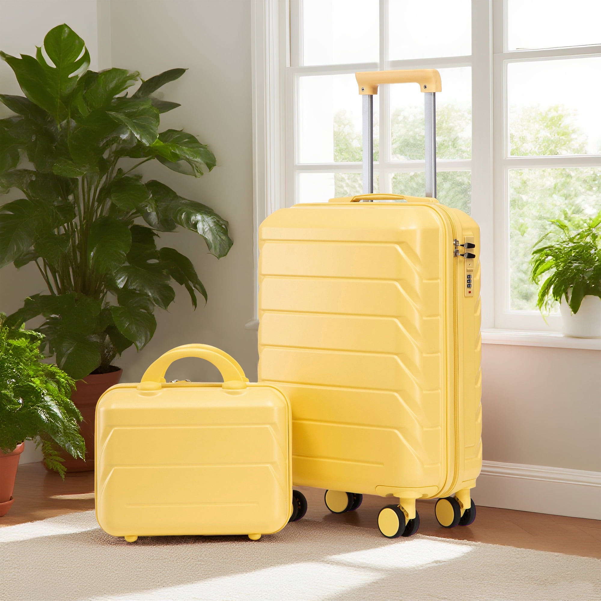 14"/20" 2 pcs/set in ABS Spinner Wheel Luggage, with Combination Lock,14" Cosmetic Case (Yellow)