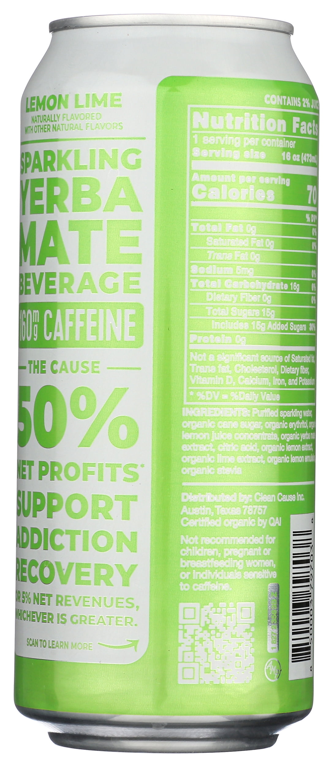 Pack of 12, Clean Cause Lemon Lime Sparkling Yerba Mate Beverage, 16 fl oz