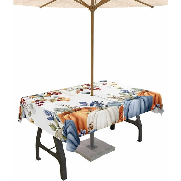 Outdoor Tablecloth with Umbrella Hole & Zipper, Fall Orange Blue Rectangle Tablecloth 60x84 Inch, Thanksgiving Pumpkins Botanical Vintage Patio Table Cover Waterproof Table Cloth for Party