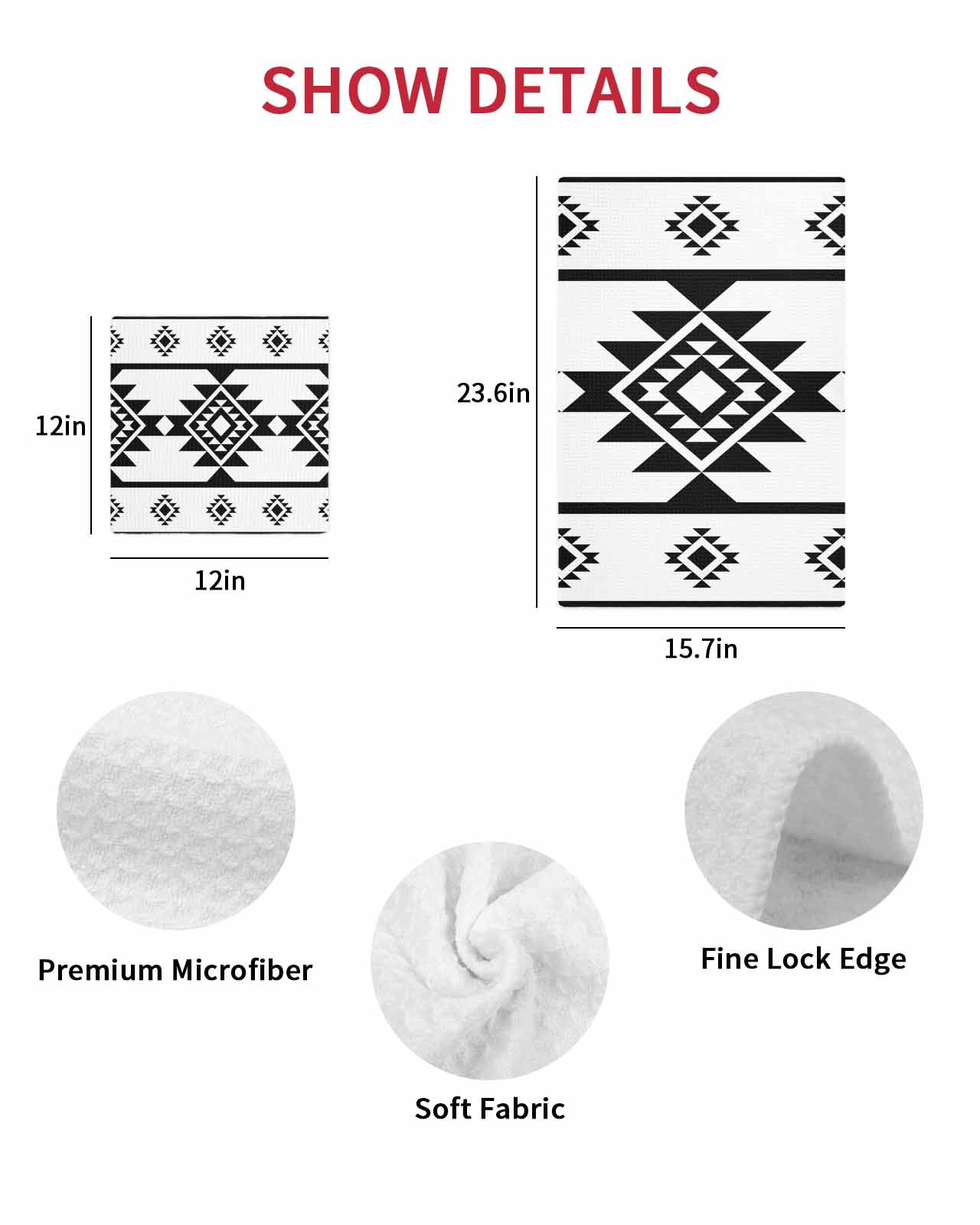 White Black Boho Kitchen Dish Towels for Drying Dishes Set of 3, Southwest Ethnic Abstract Geometric Waffle Weave Microfiber Hand Tea Bathroom Towels Quick Dry & Absorbent Towel 15.7x23.6