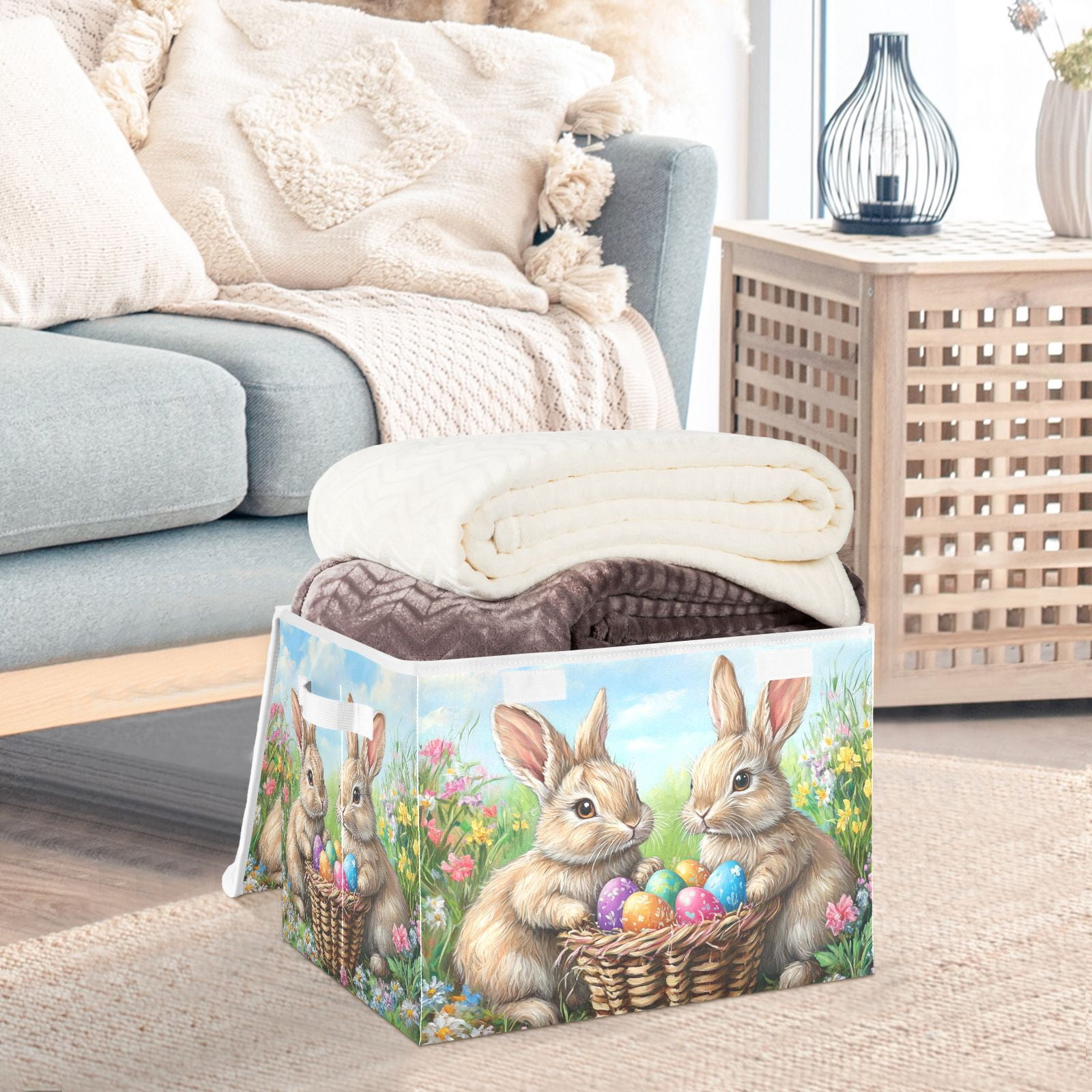Easter Eggs and Rabbits Storage Basket for Shelves Foldable Container Organizer for Organizing Toys Clothes Books with Handles