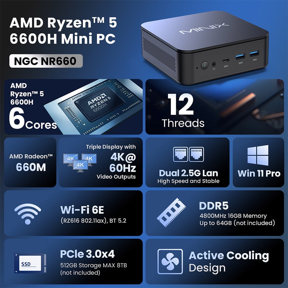 Mini PC – AMD Ryzen 5 6600H with Radeon 660M Graphics, 16GB DDR5 RAM, 512GB NVMe SSD, Triple 4K@60Hz Display Support, Wi-Fi 6E & Bluetooth 5.2, US Plug MINIX NGC NR660