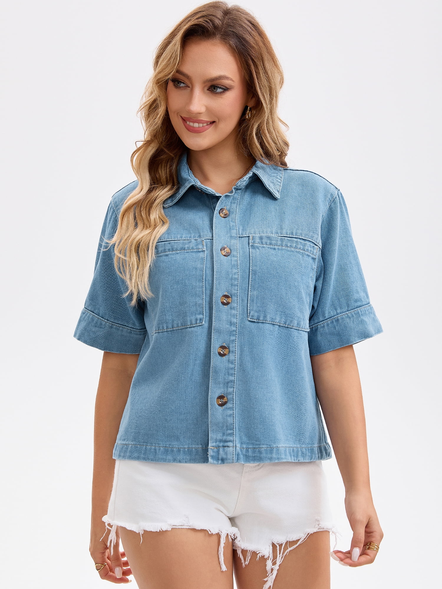 DARING DIVA Women's Short Sleeve Button Down Boxy Shirt Tops Jean Jacket M Light Blue