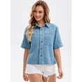 thumbnail image 3 of DARING DIVA Women's Short Sleeve Button Down Boxy Shirt Tops Jean Jacket L Light Blue, 3 of 7