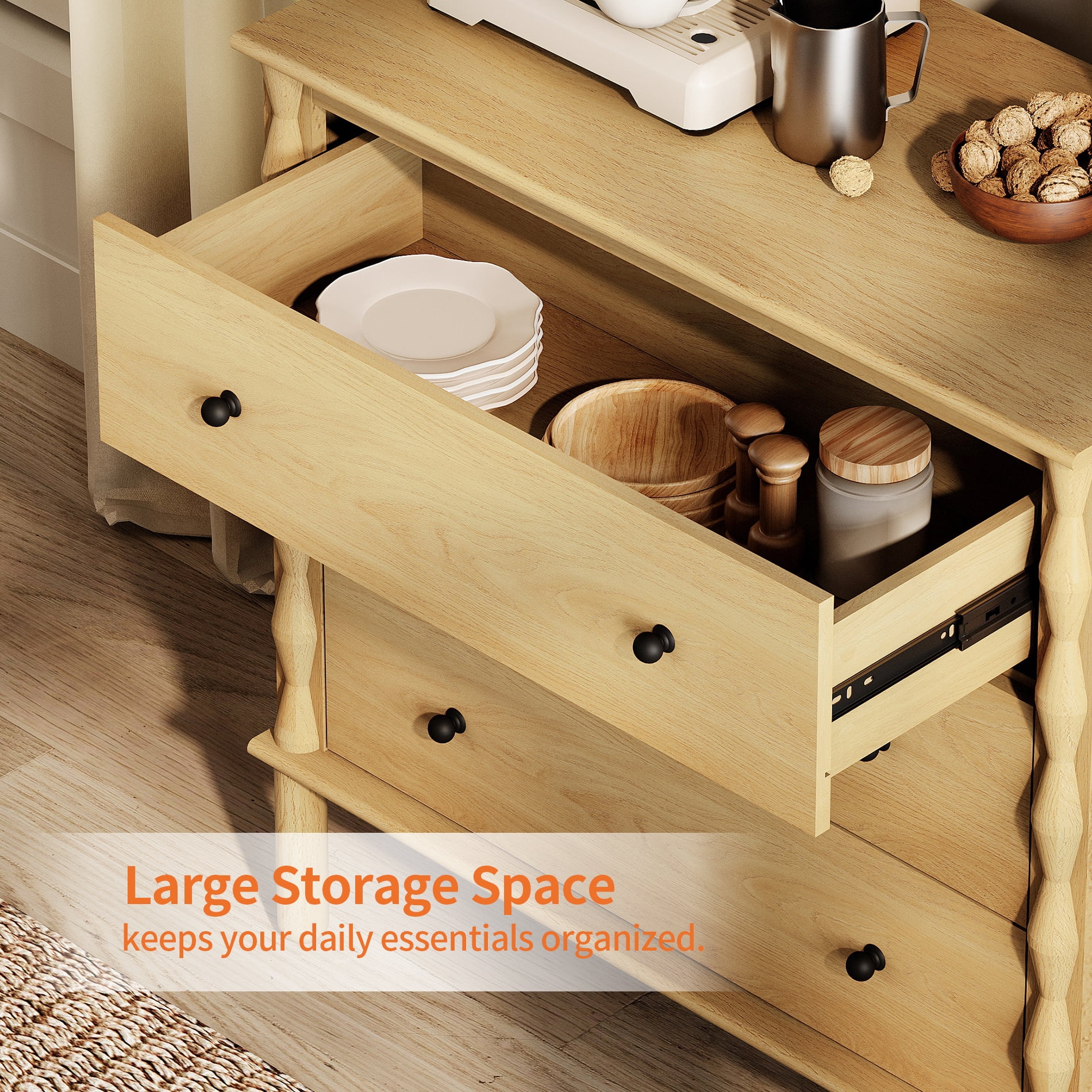 WAMPAT 6 Drawer Sideboard with Solid Wood Legs for Dining Room,Oak