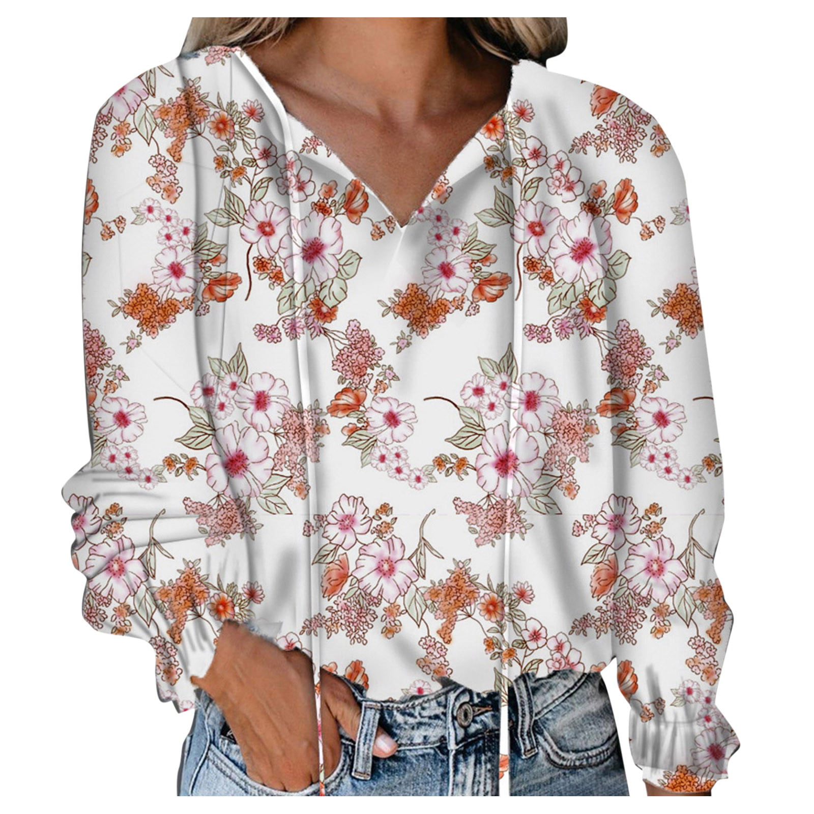 Women Floral V-Neck T-Shirt Long Sleeve Casual Tops Baggy Summer Shirts Blouse 