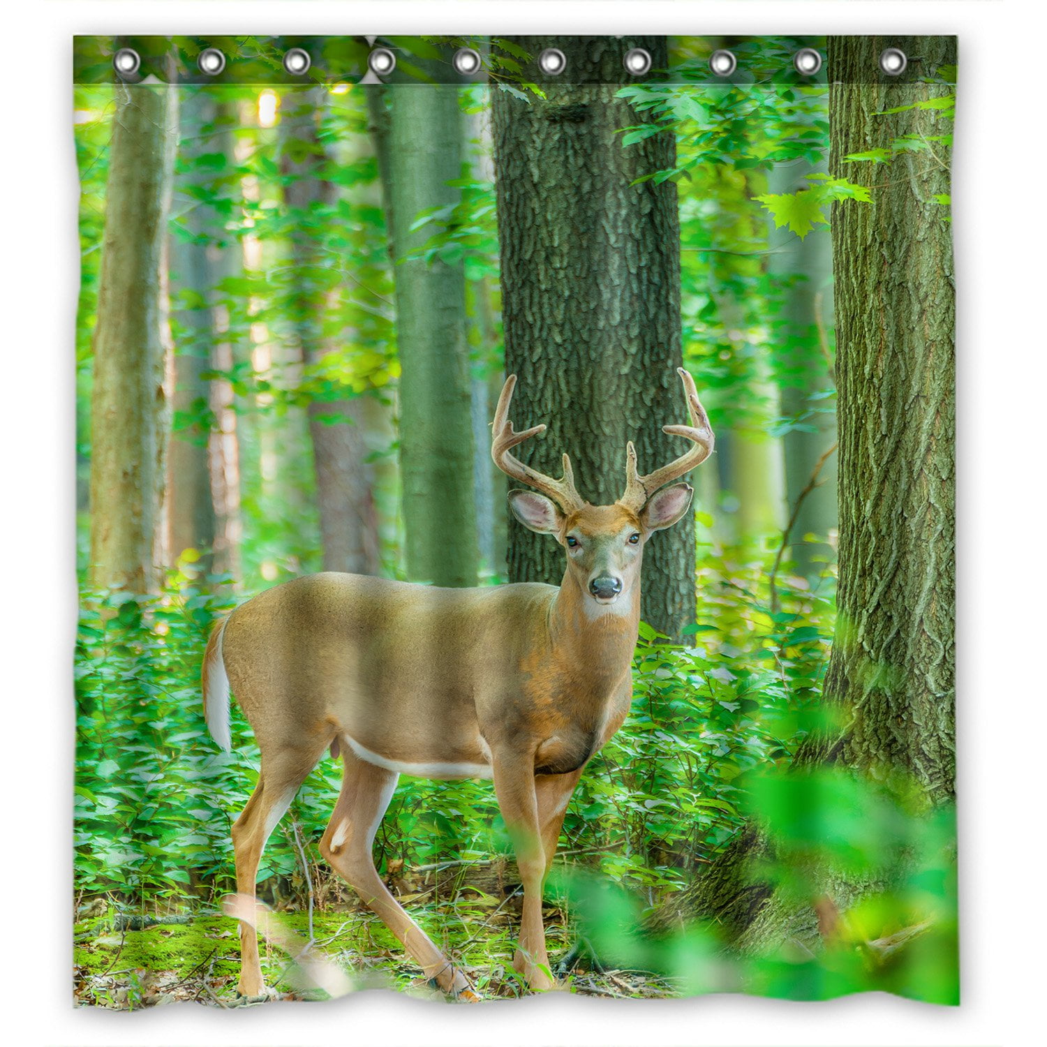 PHFZK Woodland Shower Curtain, Whitetail Deer in the Jungle Polyester Fabric Bathroom Shower