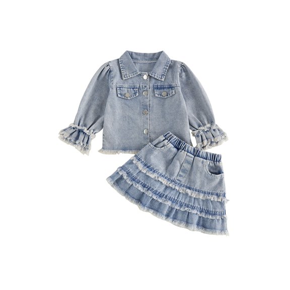 Cjfdfy Toddler Girls Denim Outfit Fashion Solid Color Long Sleeve Button Down Collared Jacket with Skirt 2Pcs Fall Set Cute Cowgirl Outfits Toddler Girls Denim Skirt Outfit Cowgirl Outfit 1-6T
