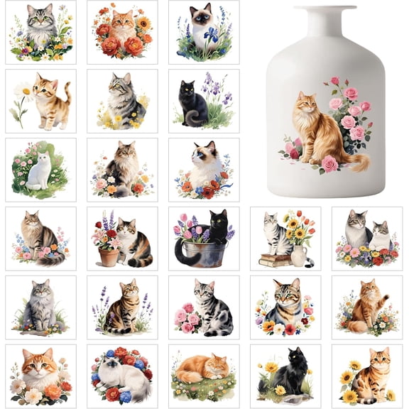 25 Sheets Cute Cats Adhesive Lantern Stickers Pets and Flowers Vase Decals Stickers 3.9x3.6 inch Animals Kitten Jar Adhesive Decals for DIY handcrafting