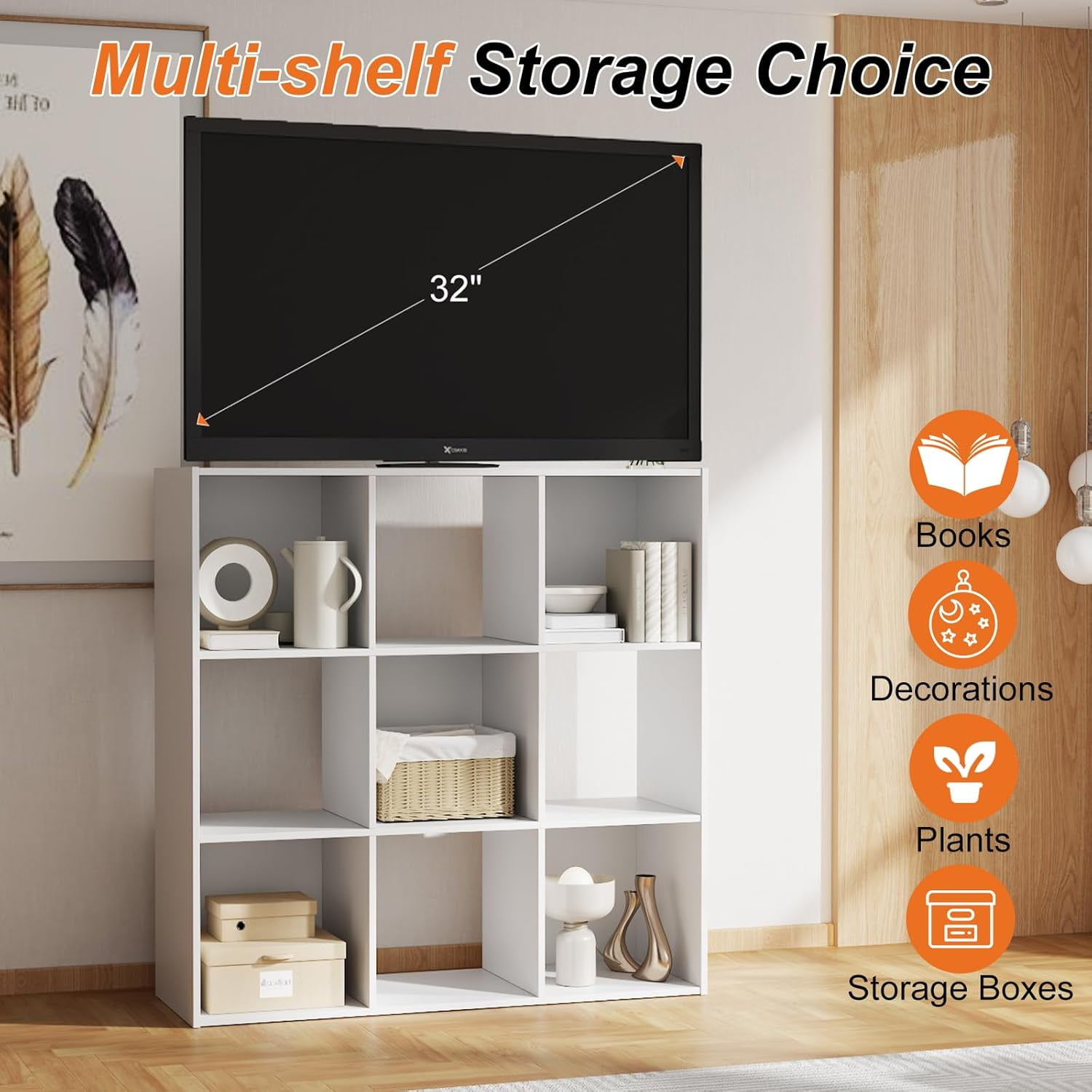 White Cube Storage Unit, 3-tier Bookcase with 9 Cube Storage Unit, Open Display Bookcase with Removable Back Panels for Living Room, Home Office, Bedroom