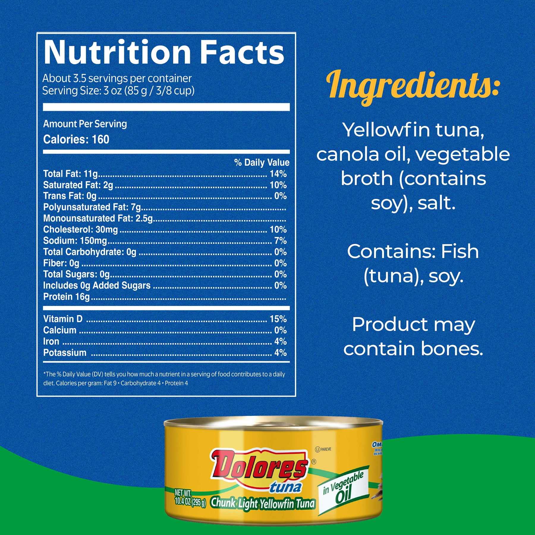 (3 pack) Dolores Chunk Light Yellowfin Tuna in Vegetable Oil, Canned Tuna Fish, 10.4 oz Can