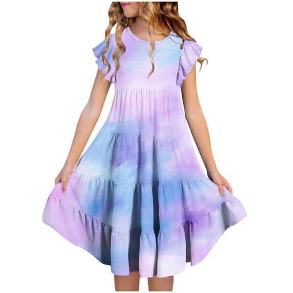 LLYwey Toddler Girls Flowy Dresses, Girls’ Crew Neck Ruffle Sleeve Summer Dresses with Pocket, Teen Kids Tie Dyed Print Casual Loose Mid-Length A-Line Beach Sundress, Purples, 6T