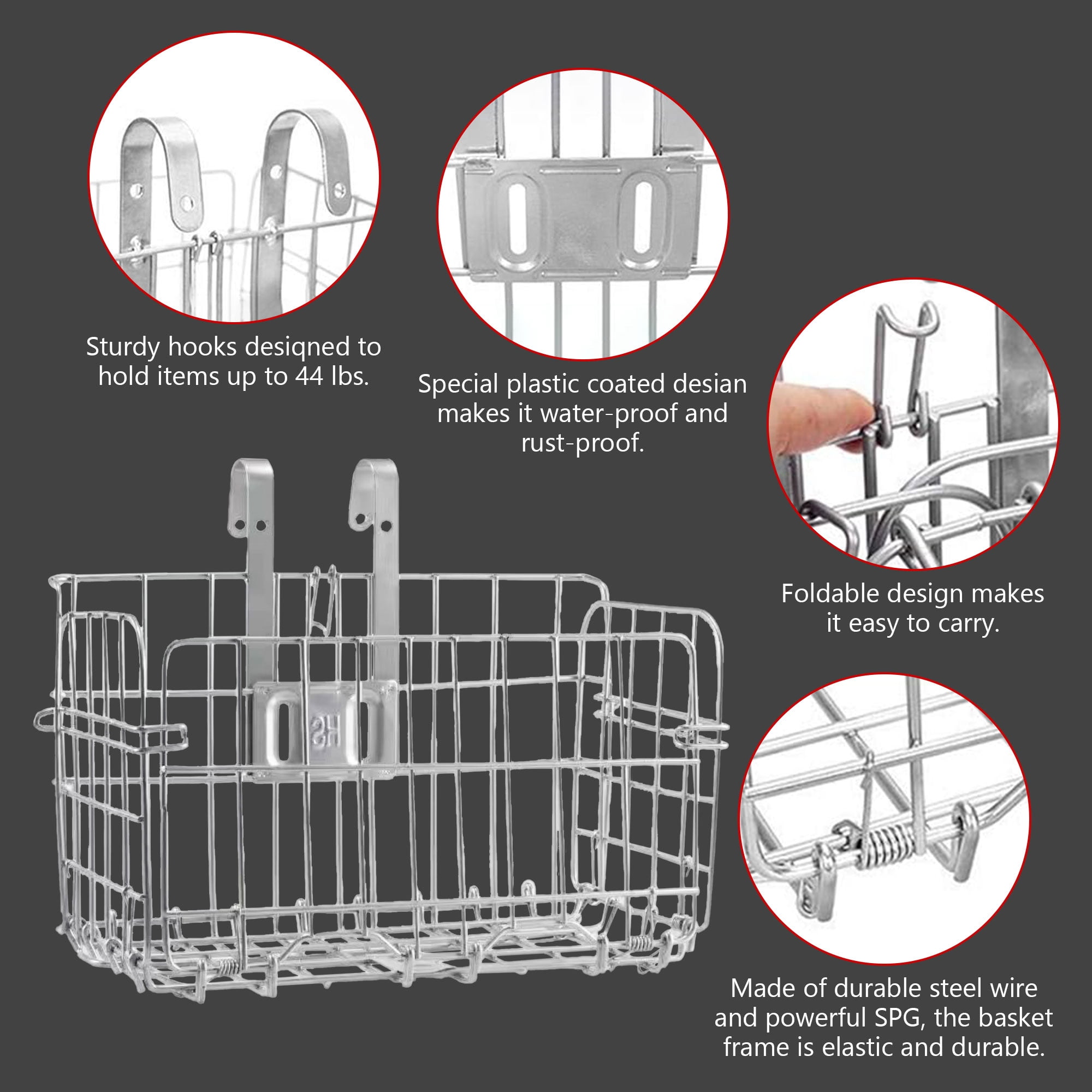 Semfri Folding Bicycle Front Basket Rustproof Removable Metal, Mesh Cover, Easy to Attach to Front Handlebars, Fits Most Bikes (Silver)
