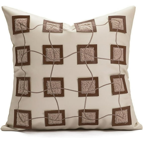 Caramel-Square-Embroidered Pillow Cover – 18×18 Inch Faux Leather Cushion Case with Textured Square Stitch Design & Hidden Zipper – Modern Decorative Throw Pillow Cover for Couch Sofa Bed, Cover Only