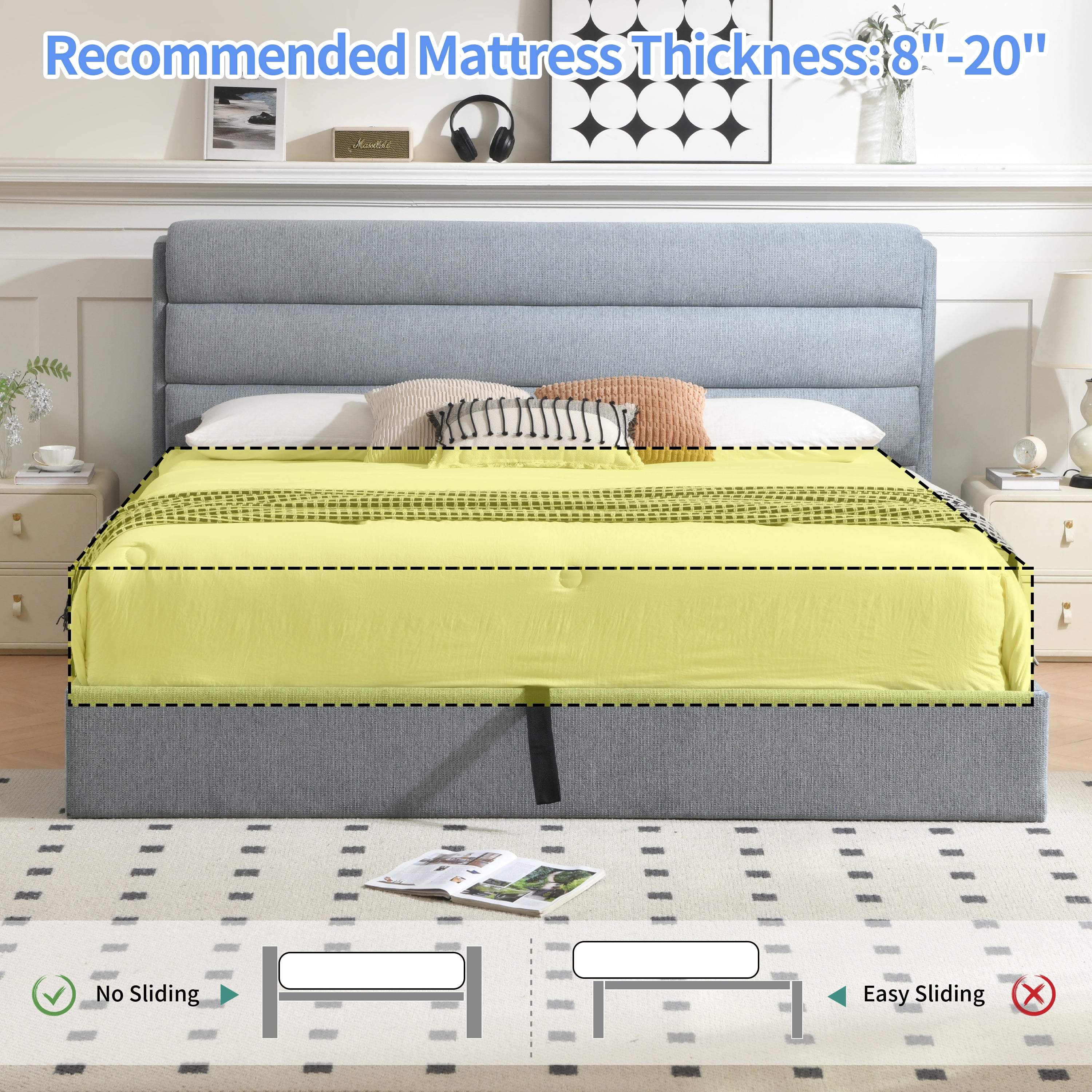 King Bed Frame with Lift up Storage, Wood Bed Frame with Headboard and Solid Wood Slats Support, Sturdy and Noiseless, Baby Blue