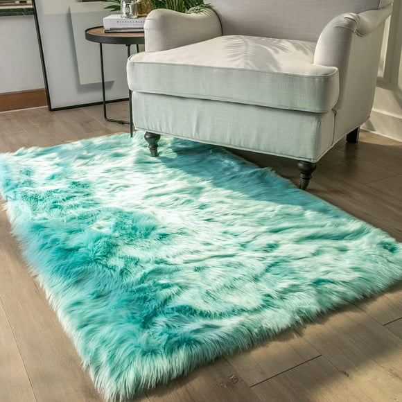 Alfombra Ashler de piel sintética, esponjosa y peluda, turquesa, 90 x 150 cm