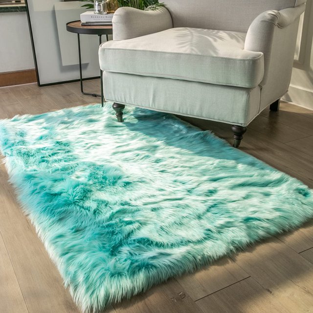 Alfombra Ashler de piel sintética, esponjosa y peluda, turquesa, 90 x 150 cm