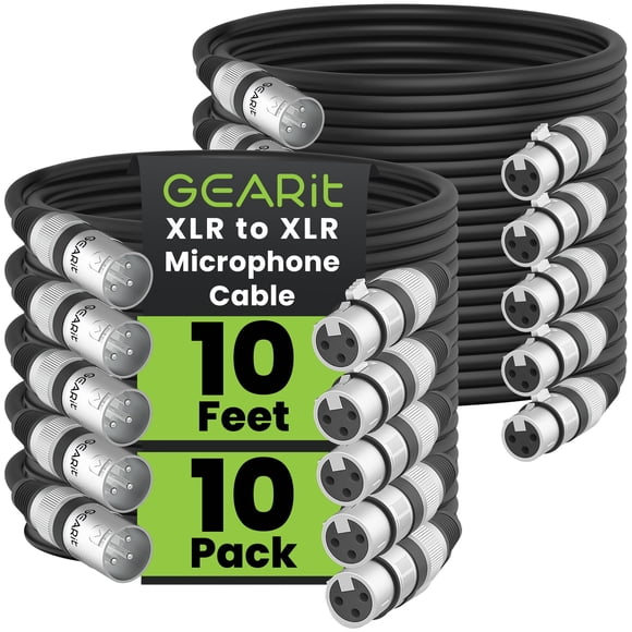 GEARit XLR Male to Female Microphone Cable (10 Feet, 10-Pack) 3-Pin Balanced Shielded Mixer, Recording Studio, Podcast - Black
