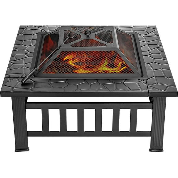 VIVOHOME 32 Inch 3 in 1 Metal Square Firepit Stove with Spark Screen Cover Log Grate and Poker