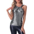 thumbnail image 1 of INSPIRAR CHIC Top de Mujer Sin Mangas Cuello Redondo Metálico Brillante Fiesta Nudo Torcido Cami Tops XS Negro Plateado, 1 of 6