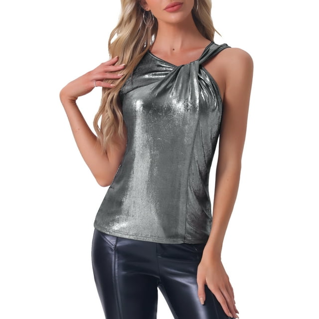 INSPIRAR CHIC Top de Mujer Sin Mangas Cuello Redondo Metálico Brillante Fiesta Nudo Torcido Cami Tops XS Negro Plateado