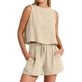 thumbnail image 2 of Riforla Women's Summer 2 Piece Shorts Set Sleeveless Halter Top Tank Top and High Waist Shorts Bodysuit Pocket Beige S, 2 of 9