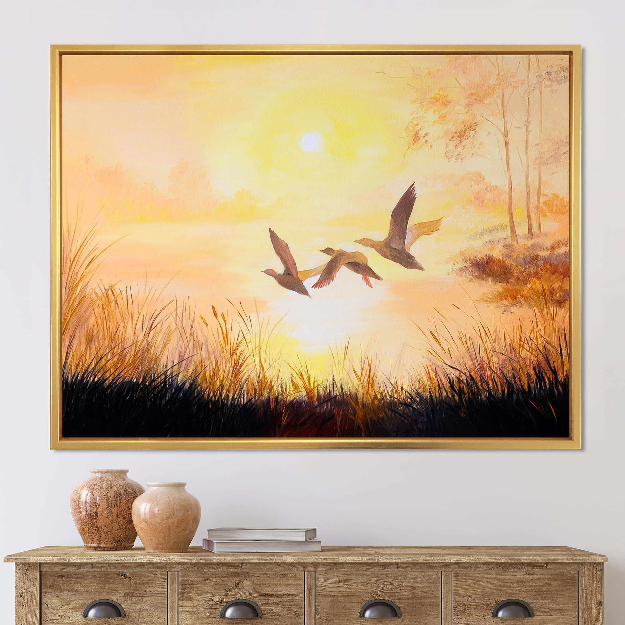 Three Cranes Flying Through Warm Sunset 32 in x 24 in Framed Painting Canvas Art Print, by Designart