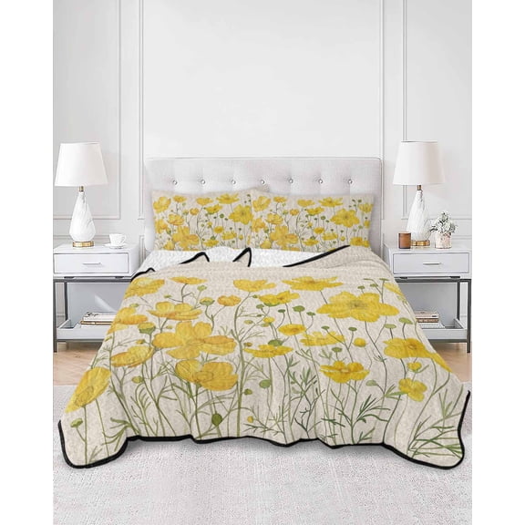 Quilts Full Size, Yellow Daisy Soft Comforter Bedding Set for Bed, Rustic Spring Floral Summer Botanical Lightweight Quilted Bedspread with Pillow Cover(2 Pieces) for All Season, 78x90 Inch