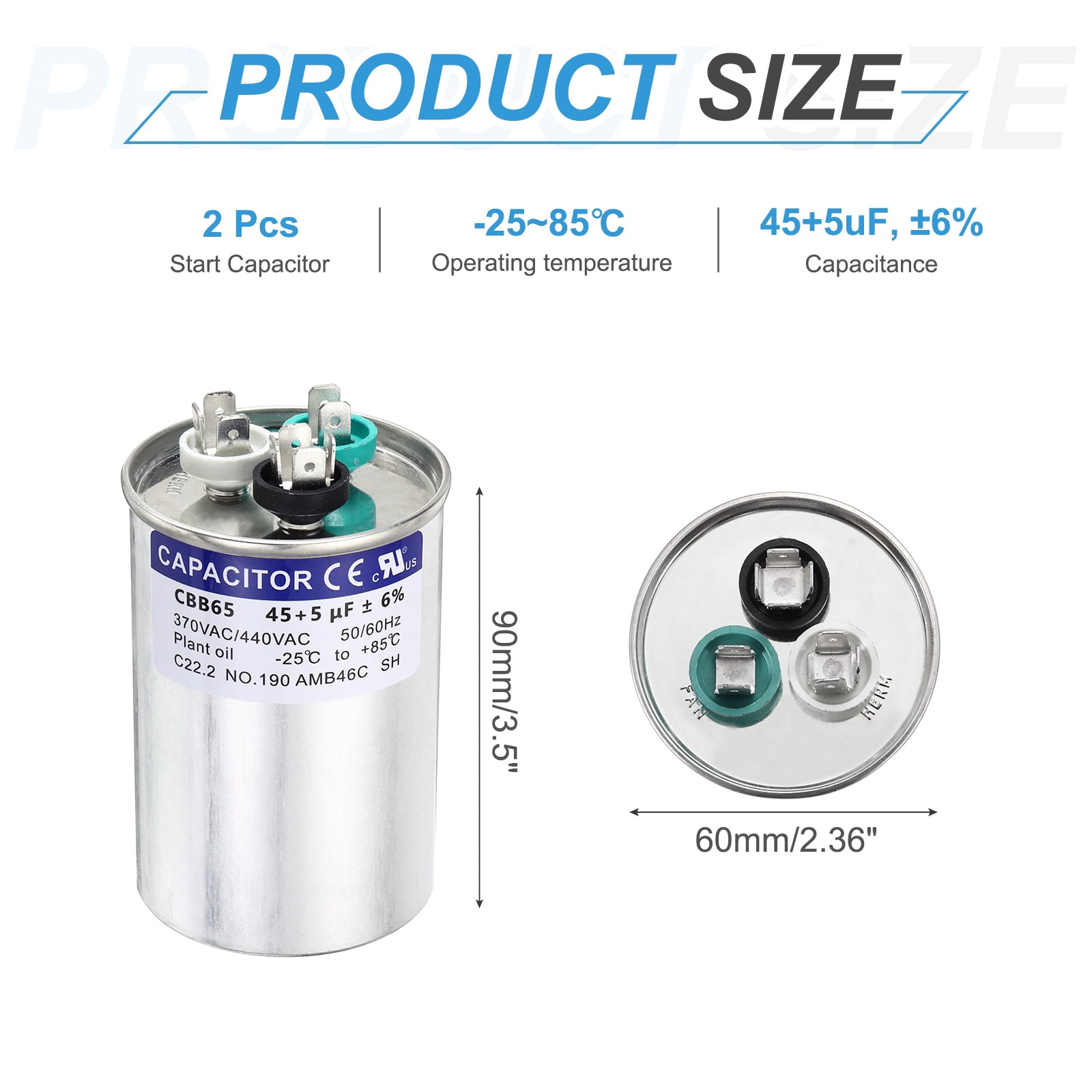 Uxcell 2Pcs 45+5MFD CBB65 Run Start Capacitor 45+5uF, 370/440V Round AC Capacitor for AC Motor Run, HVAC, Air Conditioner, Condenser Motors