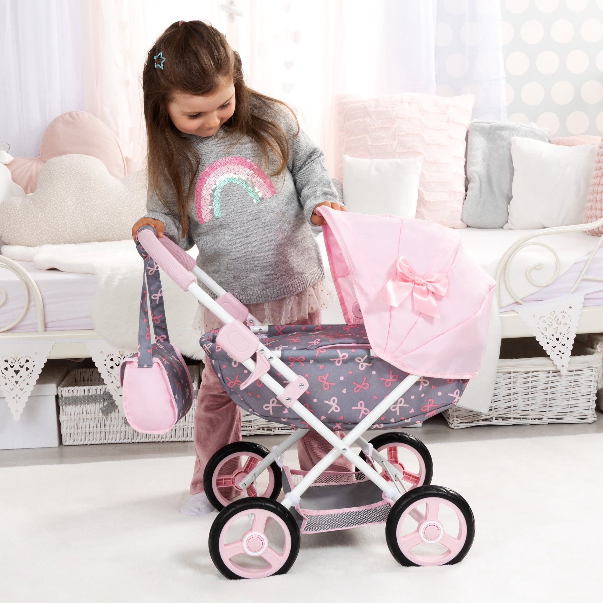Bayer Design: Doll Pram Cosy - Pink-Grey-Ribbon - Play Push Stroller, Handbag, Blanket & Pillow, Folding, Toy Care Accessory Fits 18" Dolls, Kids 3+