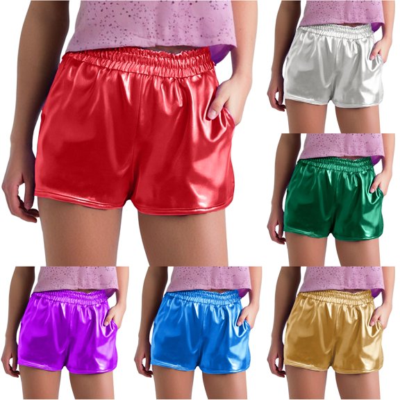 Xiaoxatg Women's Shorts Womens Metallic Shiny Pants with Elastic Waist for Wear and Dance Red M