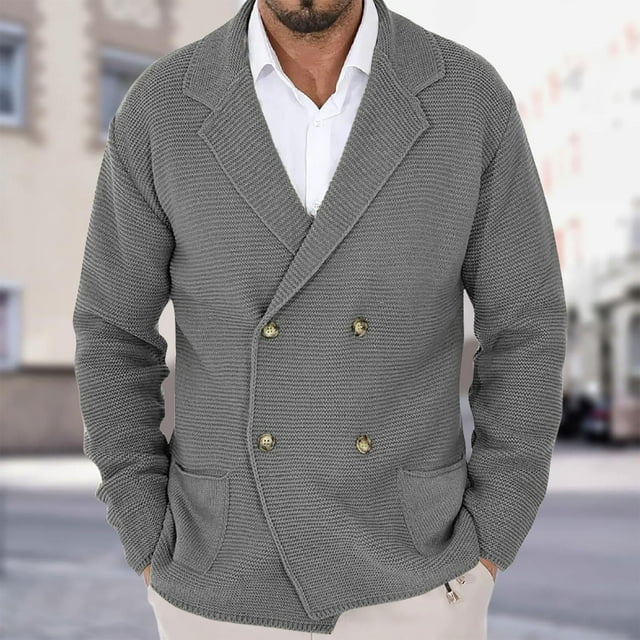 Mens Double Breasted Cardigan Sweater Soft Knit Notch Lapel Button Cardigans Fall Winter Dress Casual Sweater Jackets with Pockets Grey M