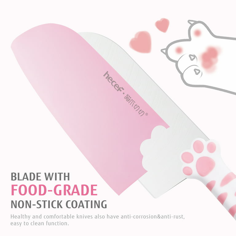 Hecef Cute Kitchen Knife Set with Detachable Block, Cat Claw Pink Sharp Chopping Cleaver and Scissors for Gift Housewarming Birthday, Size: 14 x 5 x 5