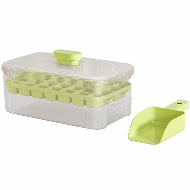 Ceimmolca Bac à Glaçons Double Couche avec Boîte de Rangement 56 Compartiments Plastique Alimentaire Couvercle Rabattable Facile Comprend Pelle à Glace Usage Domestique Ensemble de Machine à Glaçons et Conteneur de Stockage