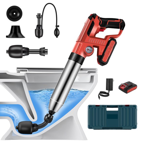 Electric Toilet Plunger With Dedicated Box, Plunger Toilet Can Only Take 2 Mins To Unclog Toilet,Bathroom,Floor Drain,Sewer,Pipeï¼RED,1 Battery