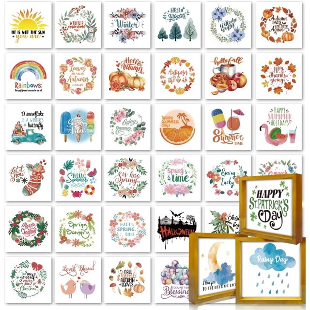 3 marcos de fotos de madera con letreros decorativos para el hogar con 36 diseños intercambiables, tarjetas de papel para festivales, 7 x 7 pulgadas, corona de San Patricio para primavera, verano,