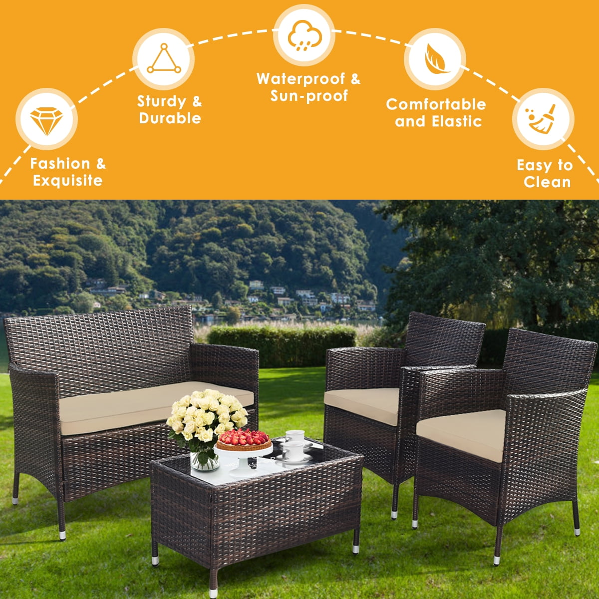 Gymax 4PCS Patio Rattan Outdoor Furniture Set w/ Cushioned Chair Loveseat Table