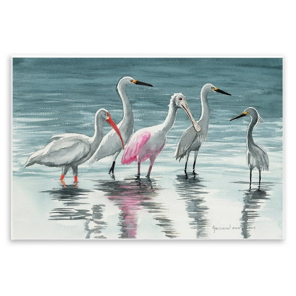 Stupell Industries Herons Stepping in Shore Animals & Insects Painting Unframed Art Print Wall Art, 15 x 10