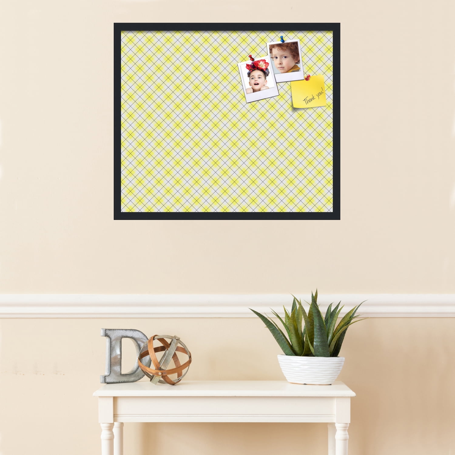 PinPix ArtToFrames 26x22 Custom Cork Bulletin Board Argyle Bright Yellow   Poster Board Has a Fabric Style Canvas Finish, Framed in Satin Black (PinPix-647)