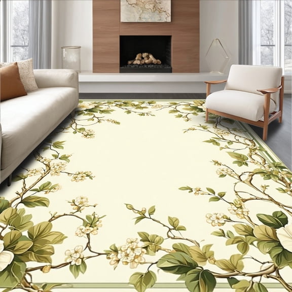 ODIKA 4'x6' Machine Washable Non-Slip Area Rug, Elegant Pile with Vintage Floral Motifs and Non Slip Backing High Traffic Rug, Beige, 84066