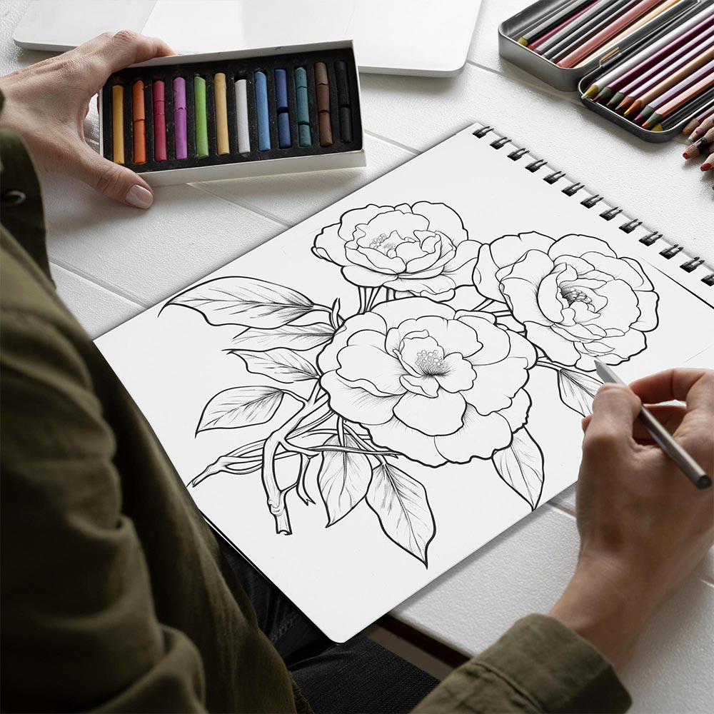 Netecom Large Print Camellias Coloring Book for Adults, Spiral Bound, Soft Cover