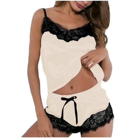 gakvbuo Plus Size Silk Satin Pajamas For Women Lace Camisole Sleepwear Sexy Lingerie 2 Piece Pajamas Loungewear Set Vest Cami Top Shorts Set Babydoll Lace Up Nightwear Homewear