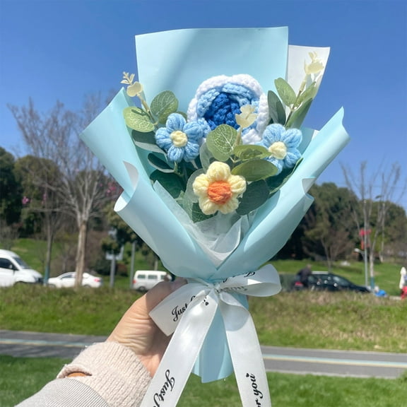 COM1950s Knitted Flower Bouquet,Handmade Rose Arrangement with Transparent Bag,Long Lasting Mothers Day Gift,Size 9.8X7.9X2 Inches