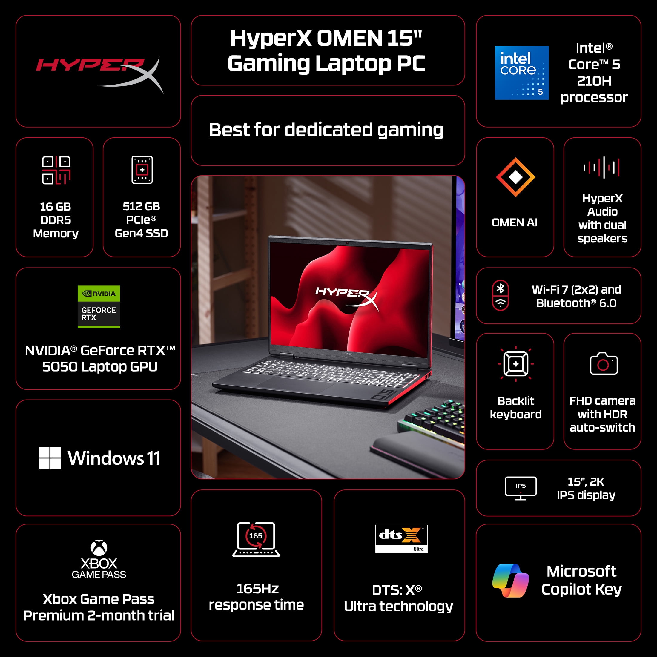 HyperX OMEN 15.3" WUXGA 165Hz 2K IPS Gaming Laptop, Intel Core 5 210H, NVIDIA RTX 5050, 16GB, 512GB SSD, Windows 11 - Iridescent Black