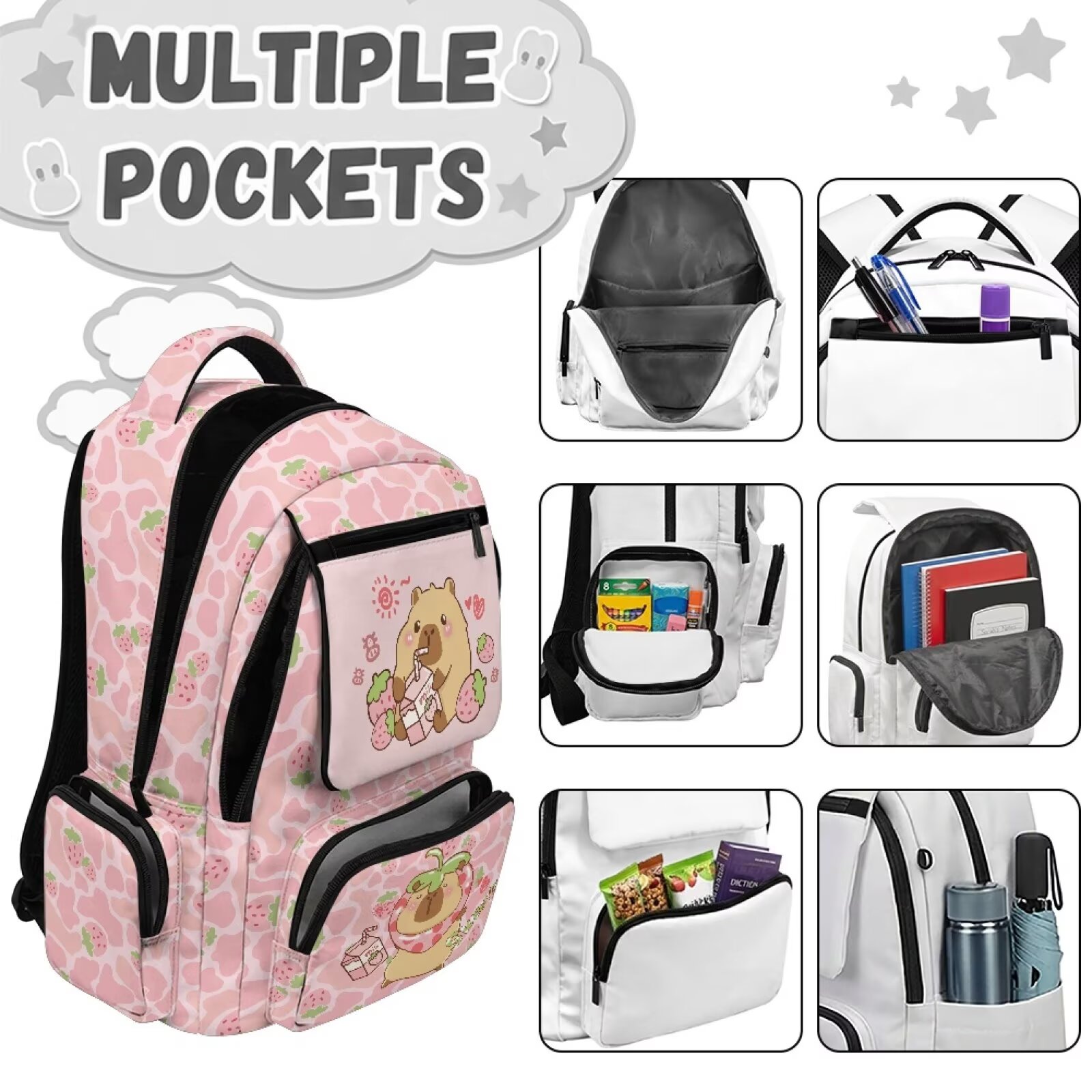Mochila KUIFORTI Capybara Fresa para Niñas de Primaria y Secundaria, Ligera con Bolsillos Laterales, Mochila Escolar para Estudiantes 5