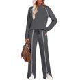 thumbnail image 4 of Szluipve Women’s Striped Trim Tracksuit 2 Piece Outfits Crew Neck Long Sleeve Sweatshirt & Split Hem Drawstring Wide Leg Pants Casual Loungewear Set Dark Gray S, 4 of 5